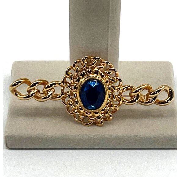 Vintage Gold-Tone & Blue Glass Jewel Chain Broach - 3 1/4 Inches Of Pure Glamour - Picture 1 of 7